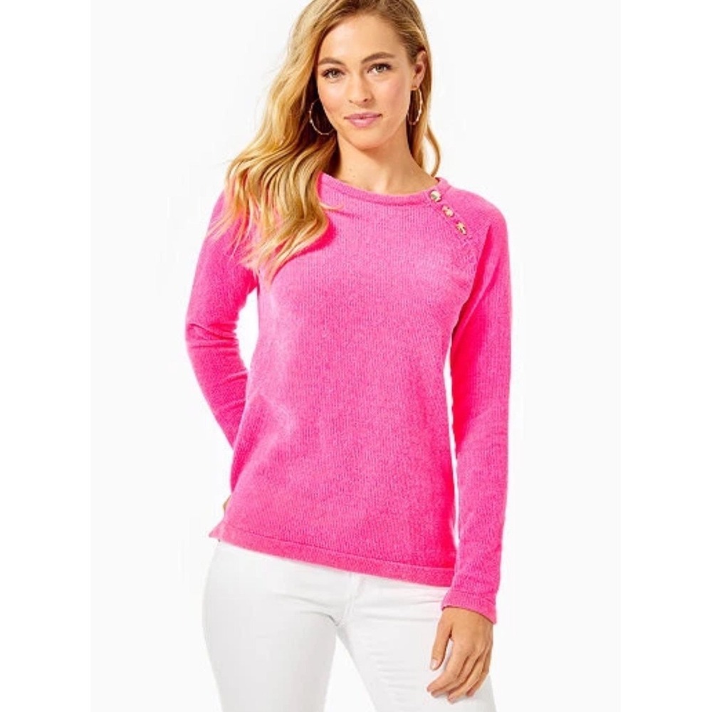Lilly Pulitzer Pippin Chenille Sweater Cockatoo Pink Gold Tropical Buttons XS